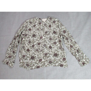 Silkland Collection Top Womens XL Brown Floral 100% Silk Long Sleeve Boho Blouse